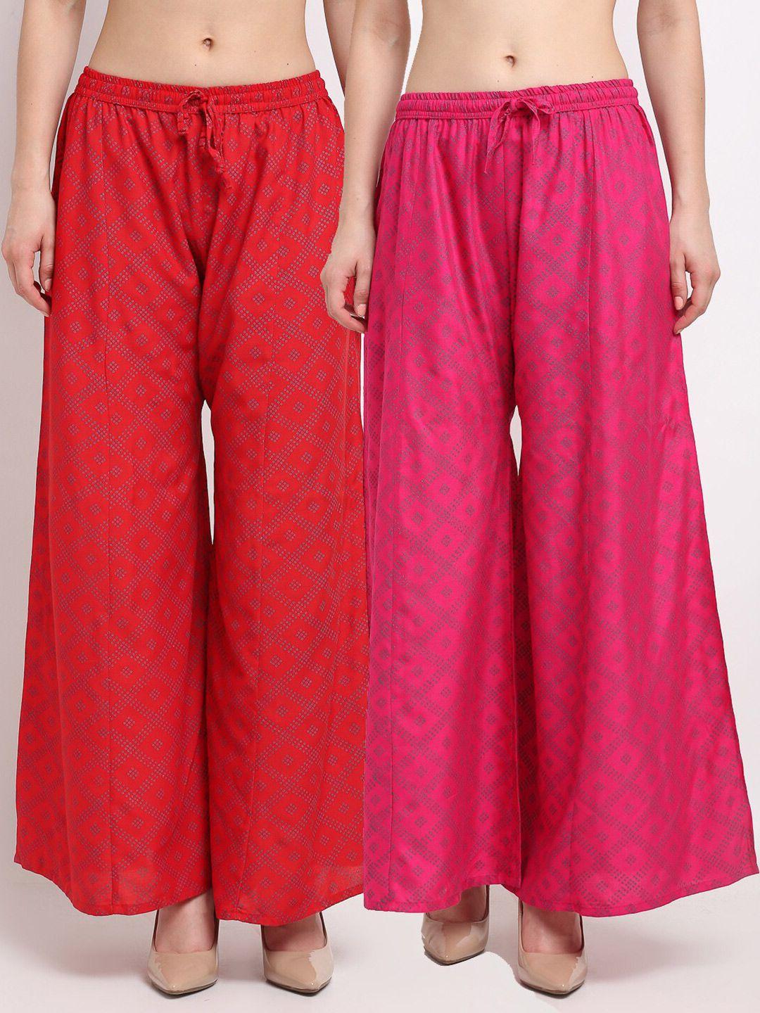 jinfo women red & pink set of 2 printed flared ethnic palazzos