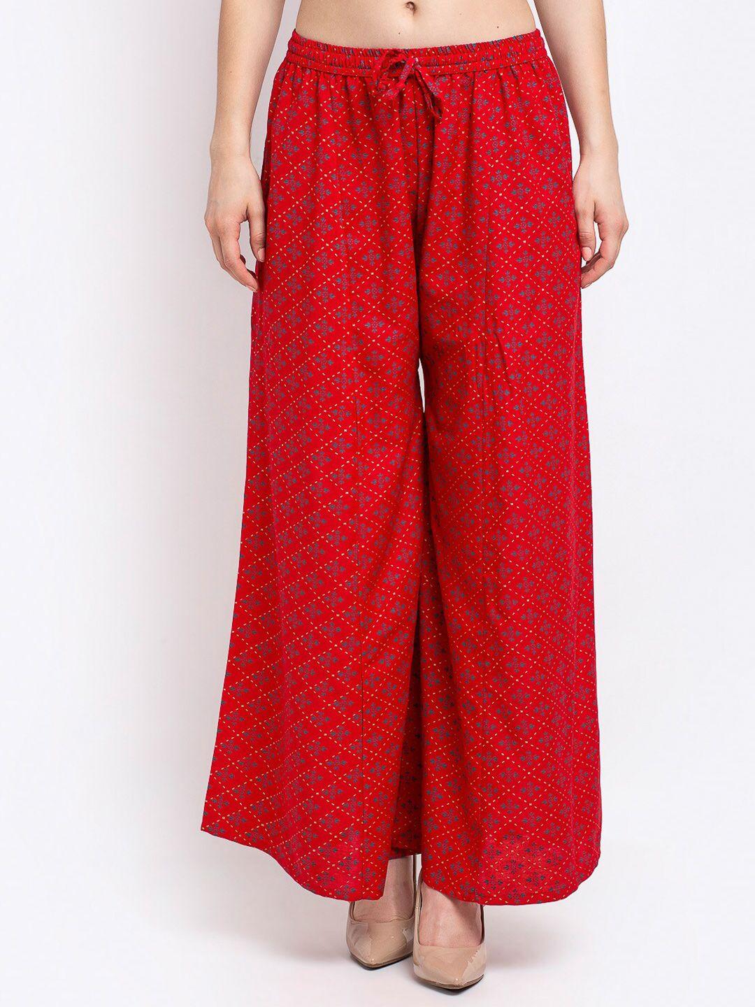 jinfo women red printed flared knitted ethnic palazzos