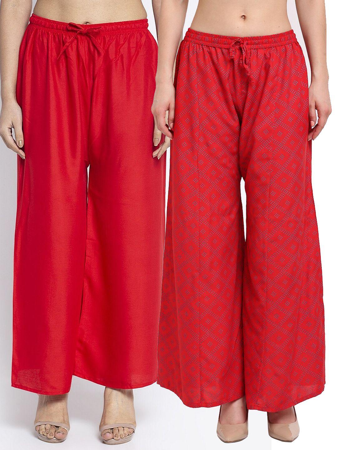 jinfo women red set of 2 printed flared ethnic palazzos