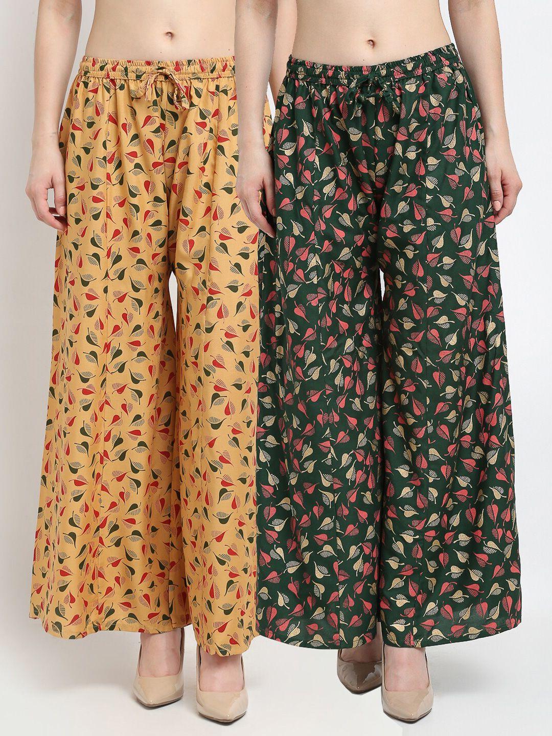 jinfo women set of 2 beige & green floral printed flared ethnic palazzos