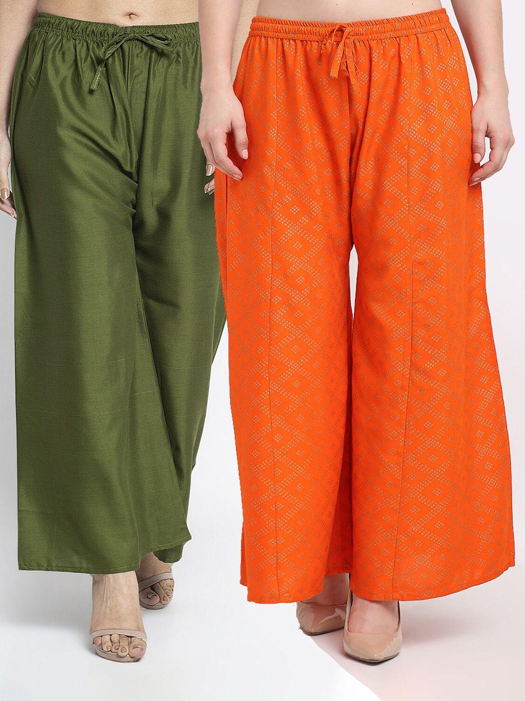 jinfo women set of 2 green & orange flared knitted ethnic palazzos