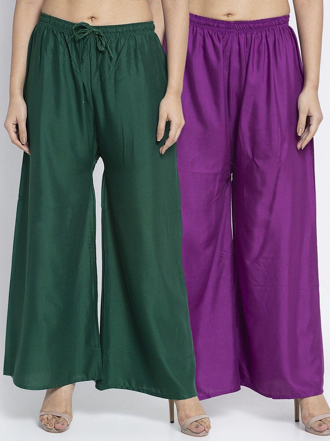 jinfo women set of 2 green & purple solid flared knitted palazzos