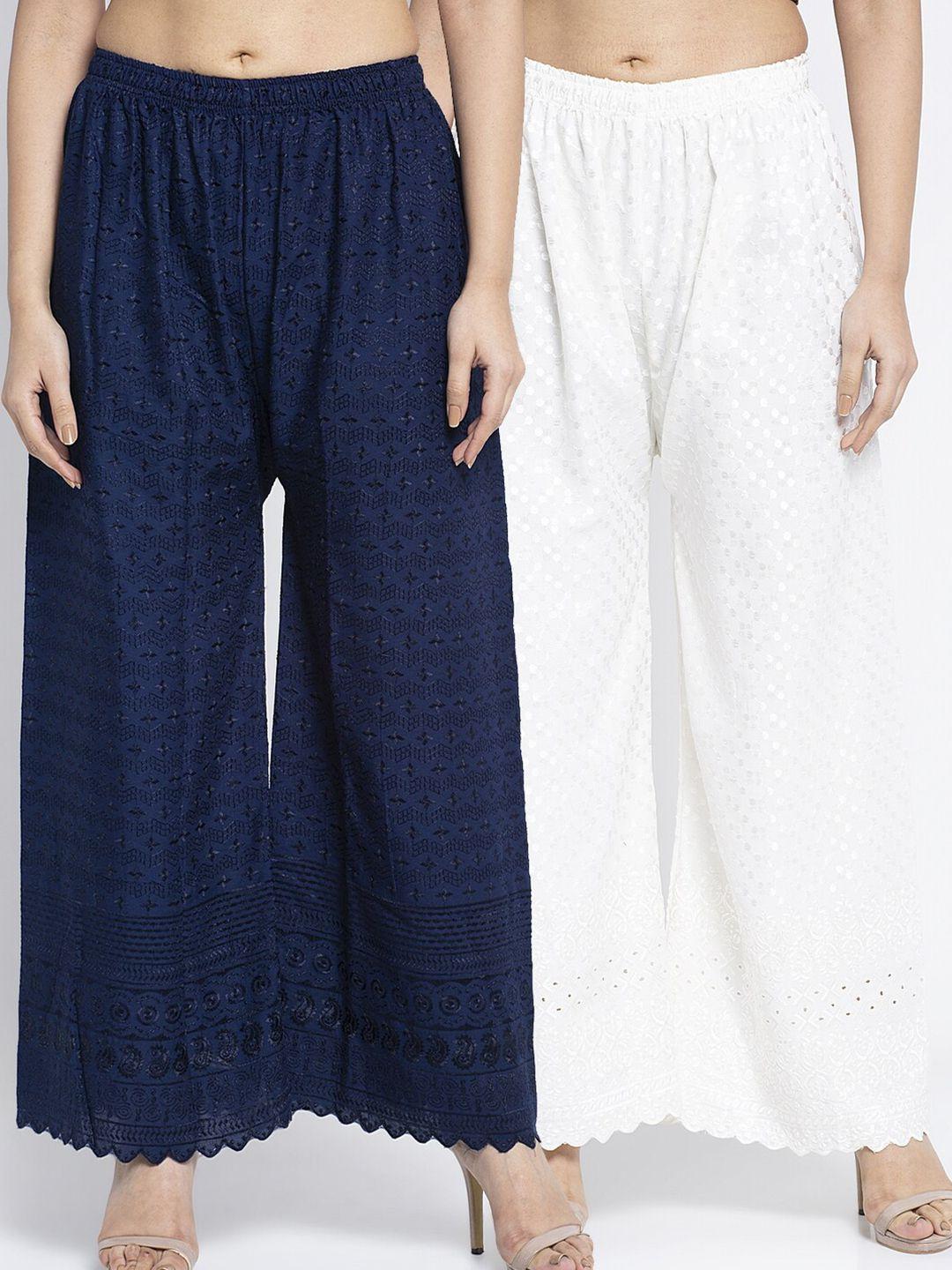 jinfo women set of 2 navy blue & off white solid flared palazzos