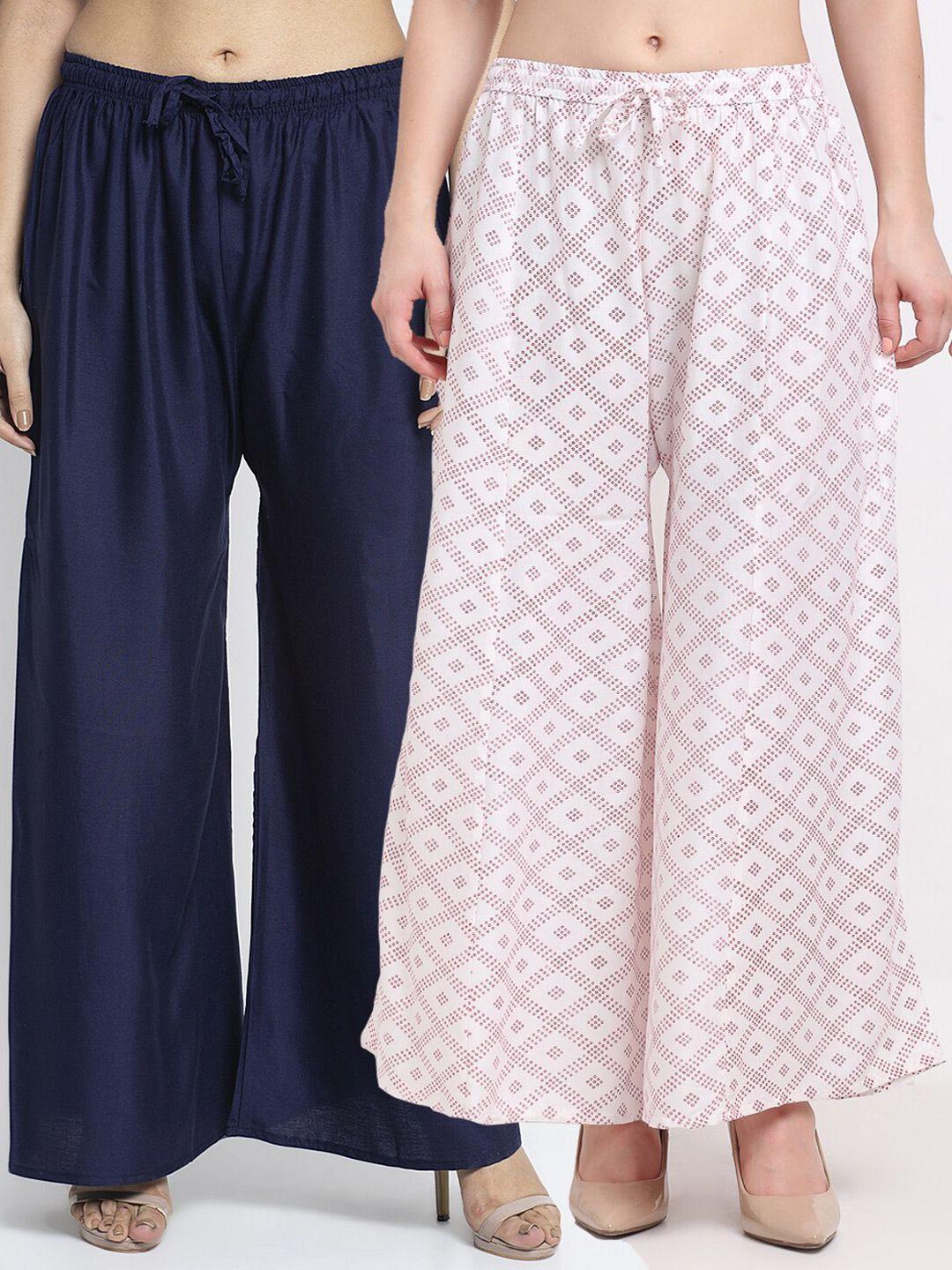 jinfo women set of 2 navy blue & white printed flared fit palazzos