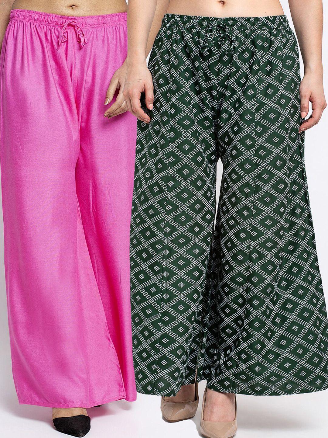 jinfo women set of 2 pink & green printed flared fit palazzos
