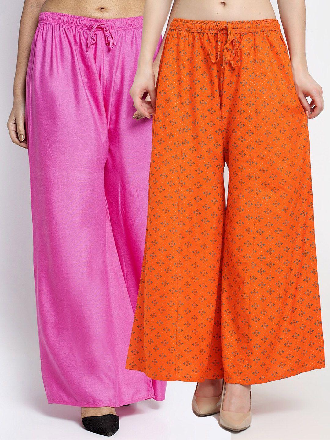 jinfo women set of 2 pink & orange ethnic motifs printed ethnic palazzos