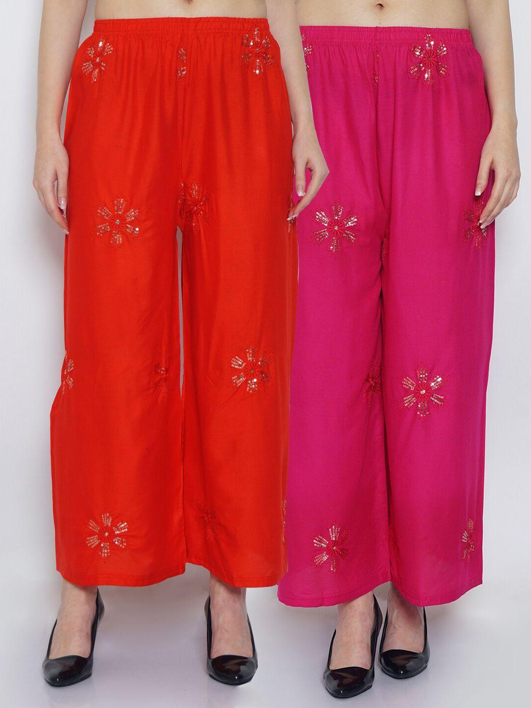 jinfo women set of 2 red & pink embroidered flared palazzos