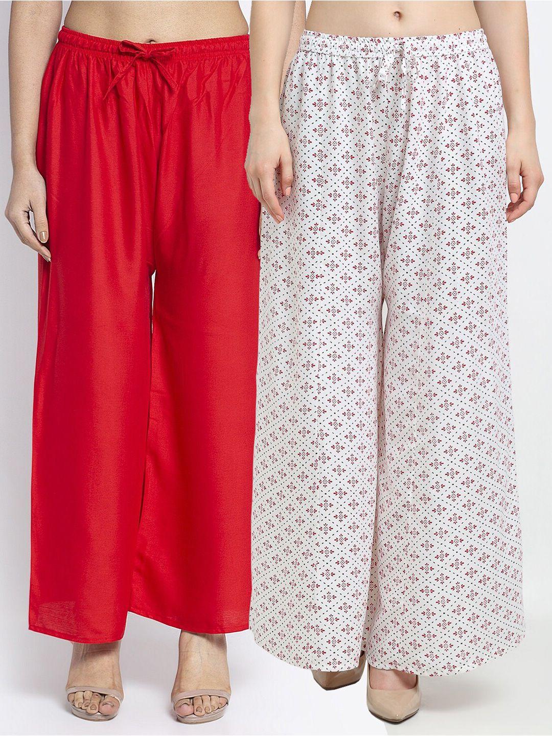 jinfo women set of 2 red & white floral printed flared knitted ethnic palazzos