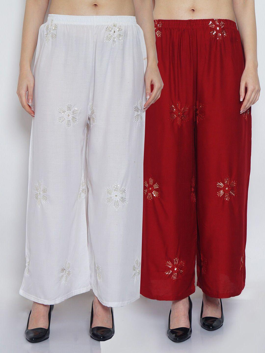 jinfo women set of 2 white & maroon embroidered flared palazzos