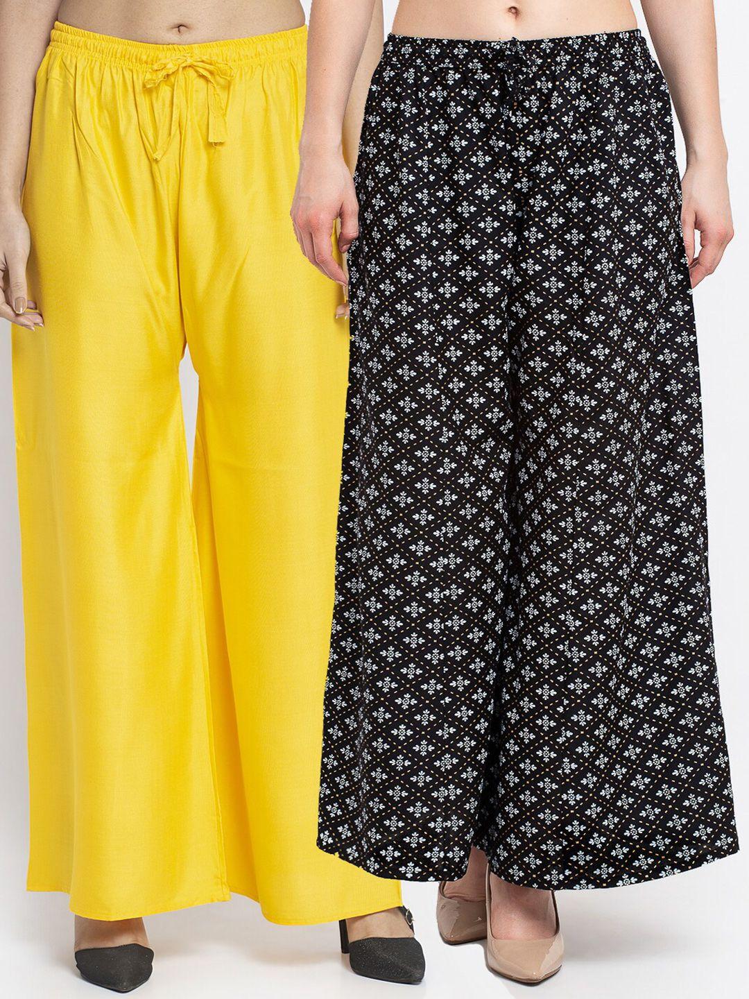 jinfo women set of 2 yellow & black floral printed flared knitted ethnic palazzos