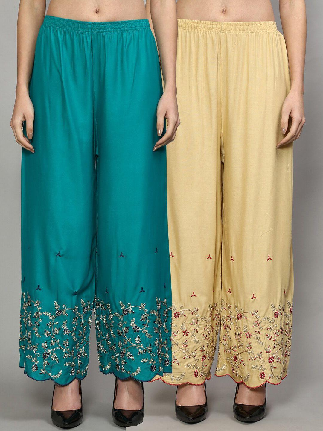 jinfo women turquoise blue & cream set of 2 floral embroidered flared ethnic palazzos