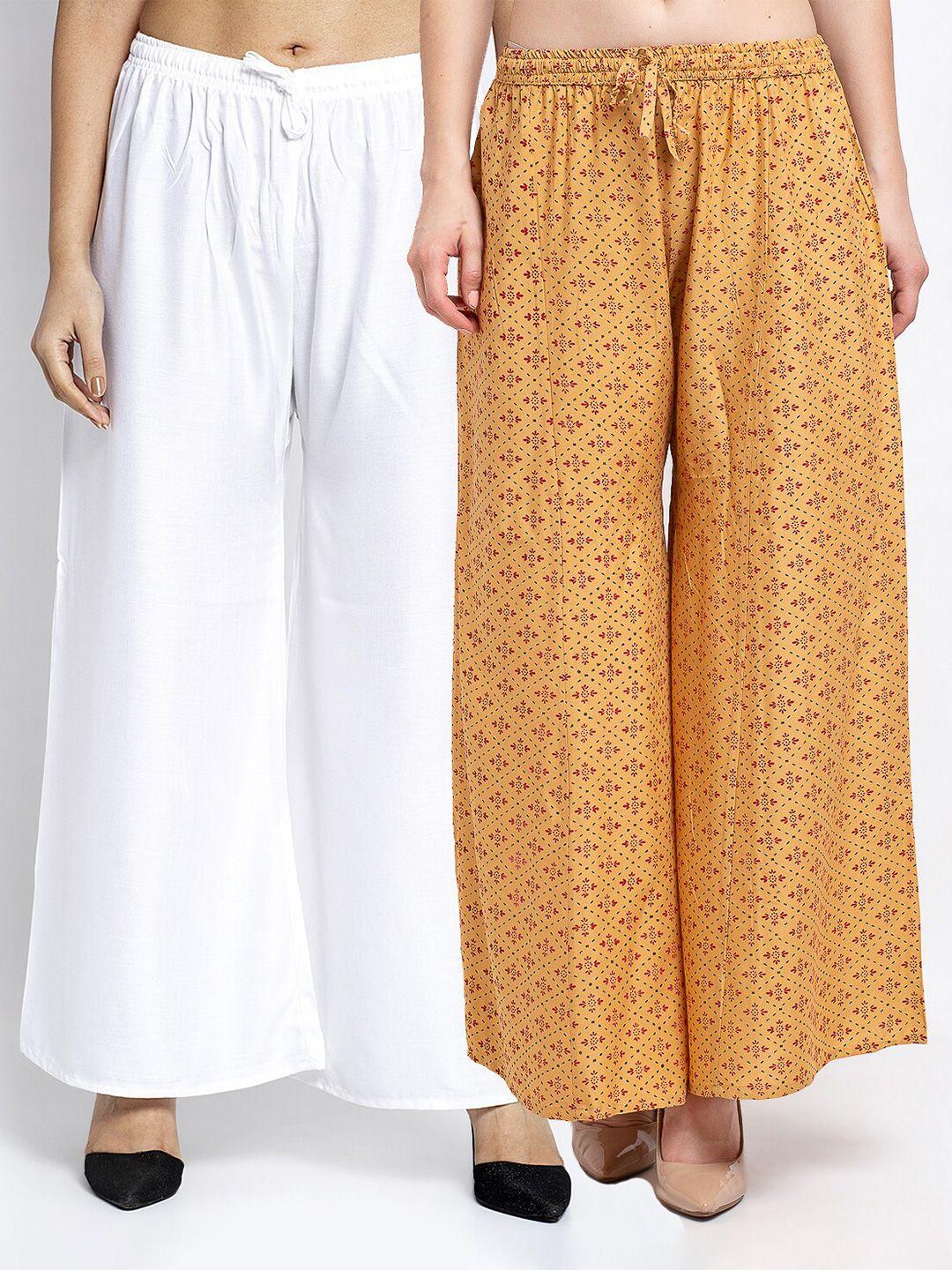 jinfo women white & beige pack of 2 printed flared ethnic palazzos
