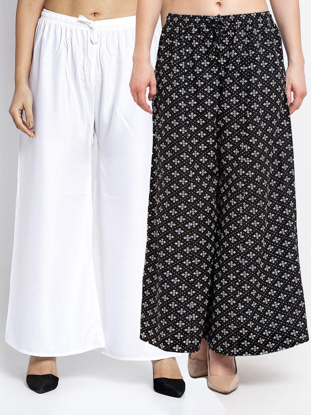 jinfo women white & black pack of 2 ethnic motifs printed ethnic palazzos