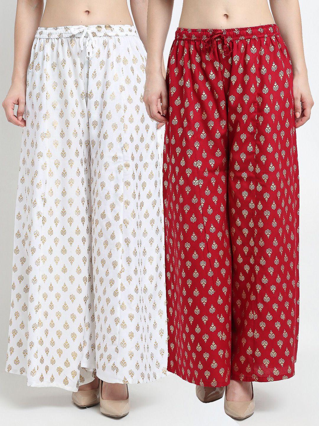 jinfo women white & maroon pack of 2 abstract printed flared fit palazzos
