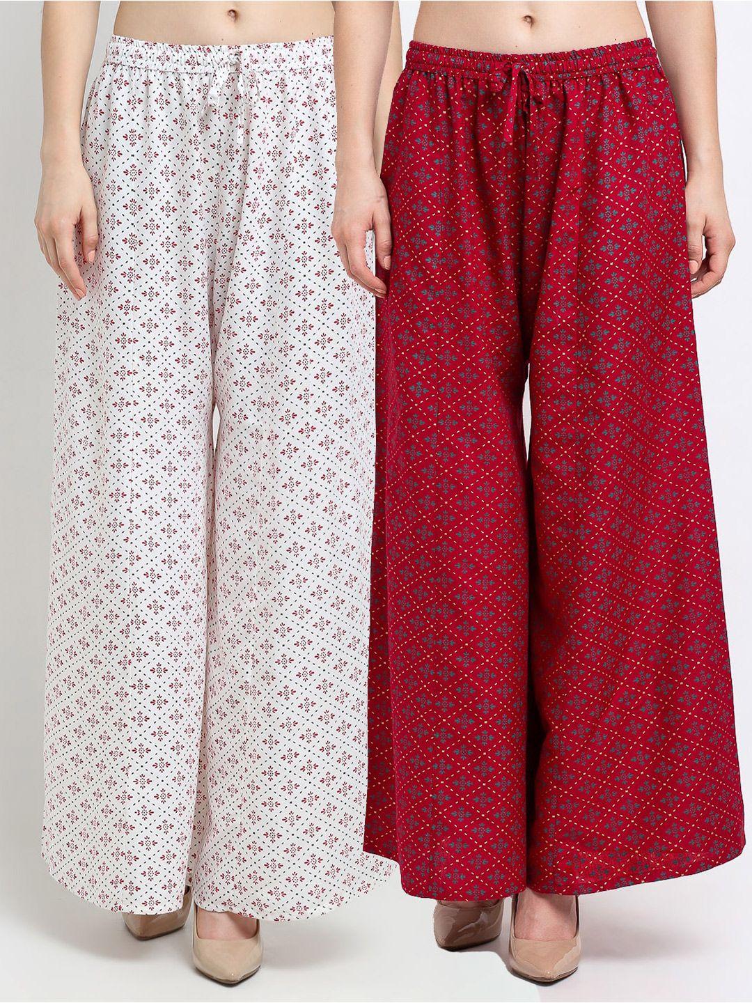 jinfo women white & maroon set of 2 printed flared knitted ethnic palazzos