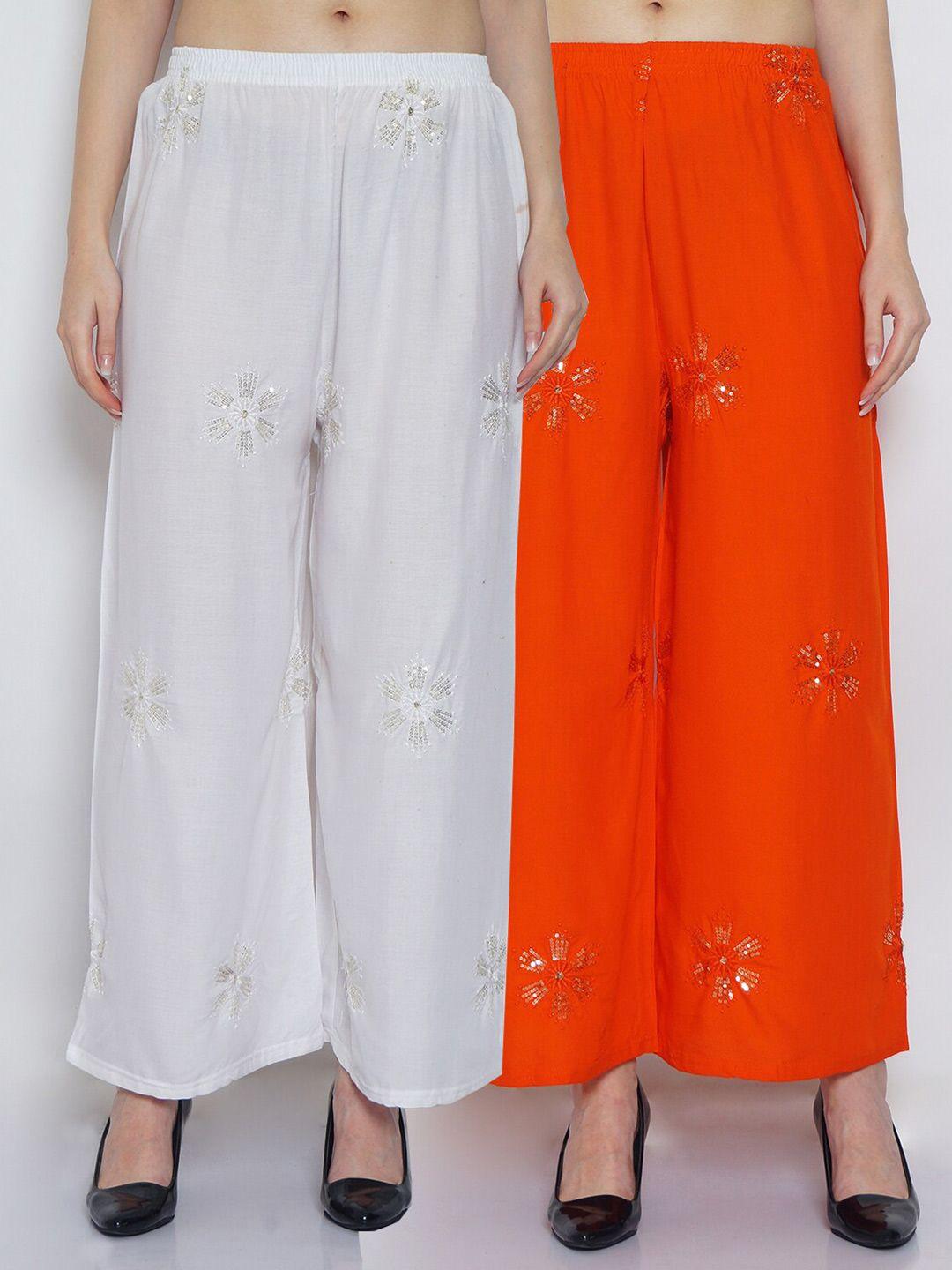 jinfo women white & orange 2 ethnic motifs embroidered flared knitted ethnic palazzos