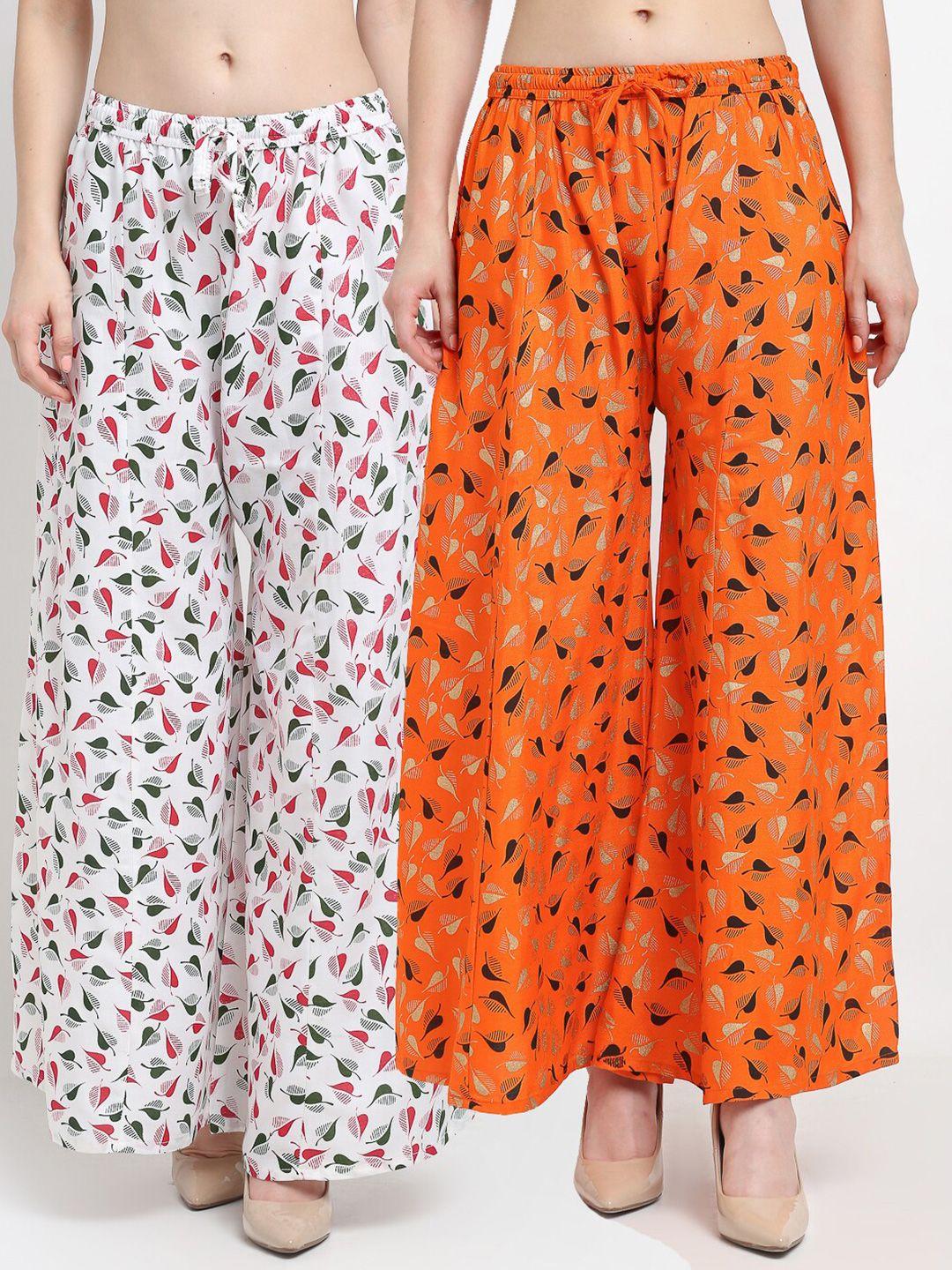 jinfo women white & orange pack of 2 floral printed flared ethnic palazzos