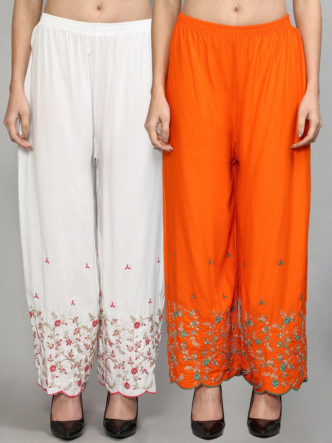 jinfo women white & orange set of 2 floral embroidered flared knitted ethnic palazzos