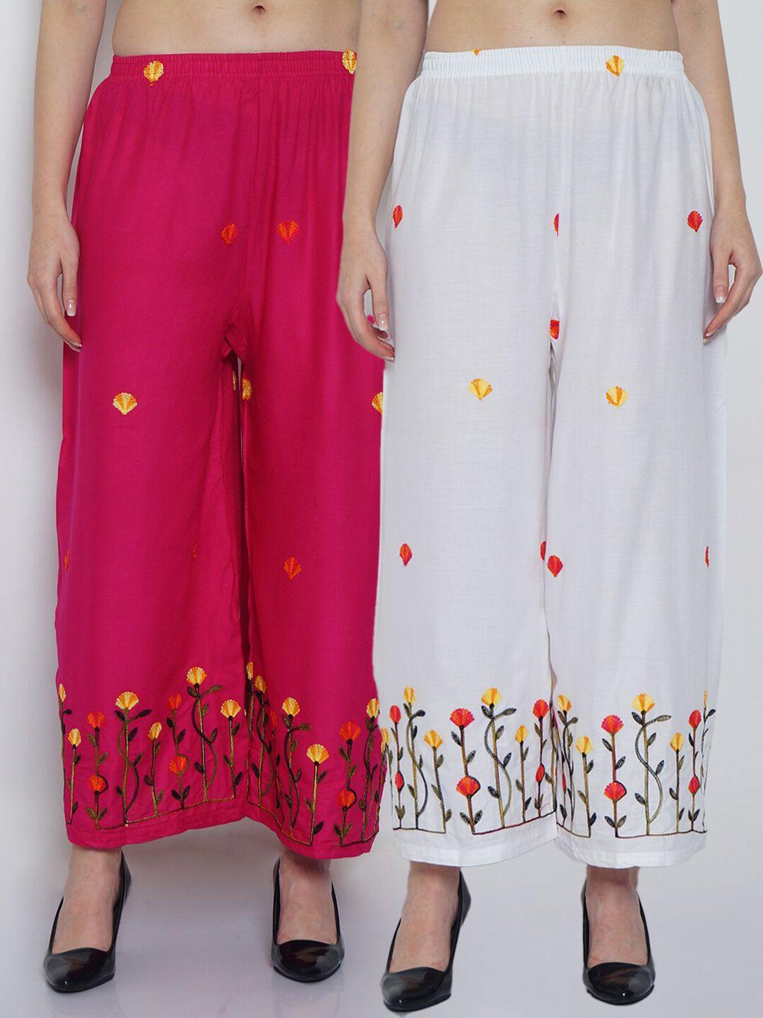 jinfo women white & pink set of 2 floral embroidered flared ethnic palazzos