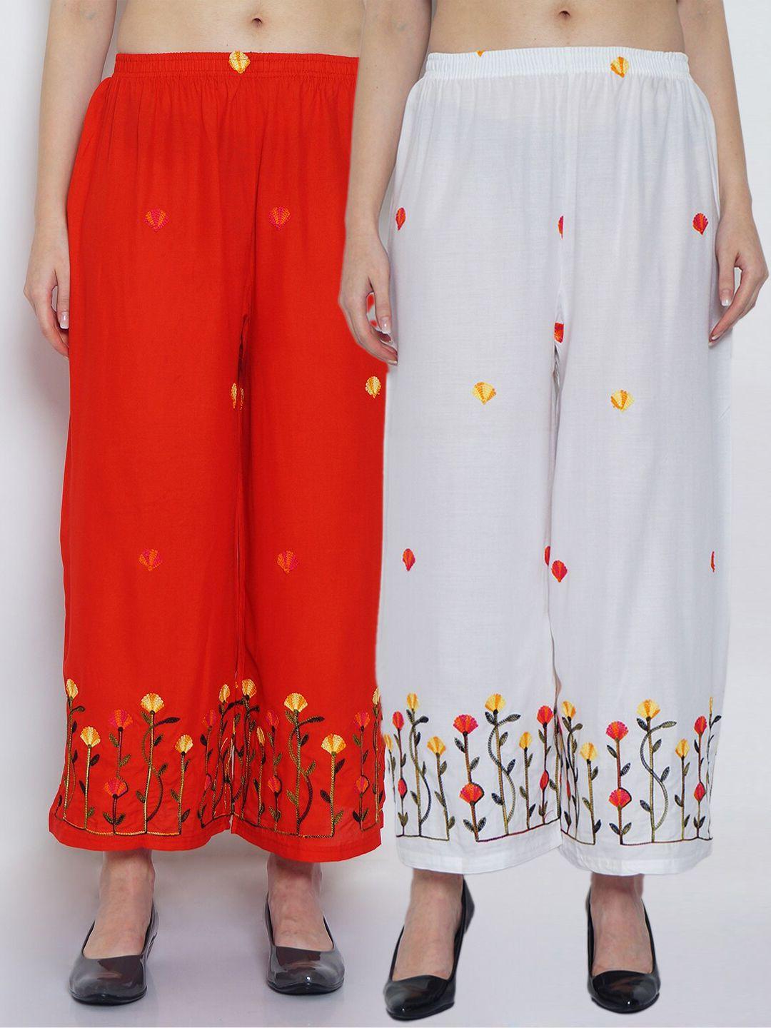 jinfo women white & red 2 floral embroidered flared knitted ethnic palazzos
