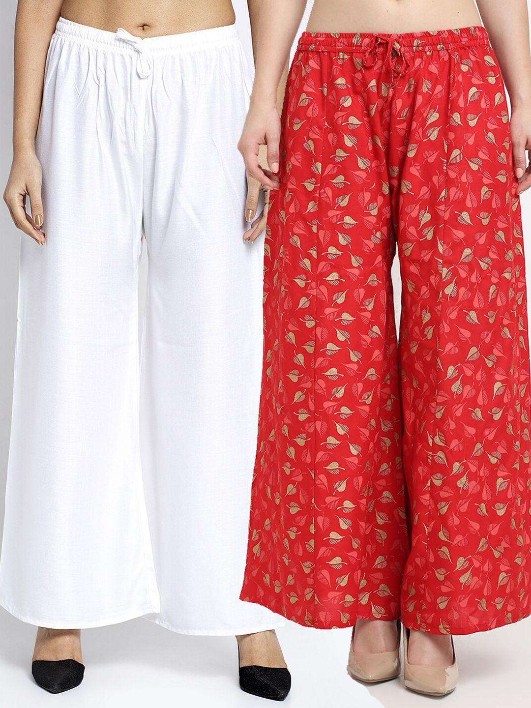 jinfo women white & red 2 printed flared knitted ethnic palazzos