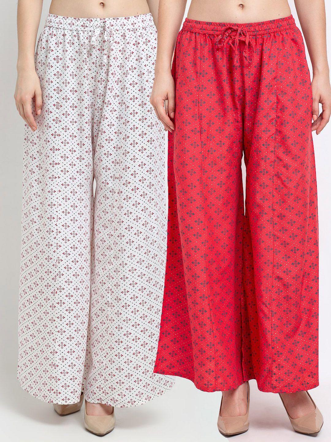 jinfo women white & red set of 2 printed flared knitted ethnic palazzos