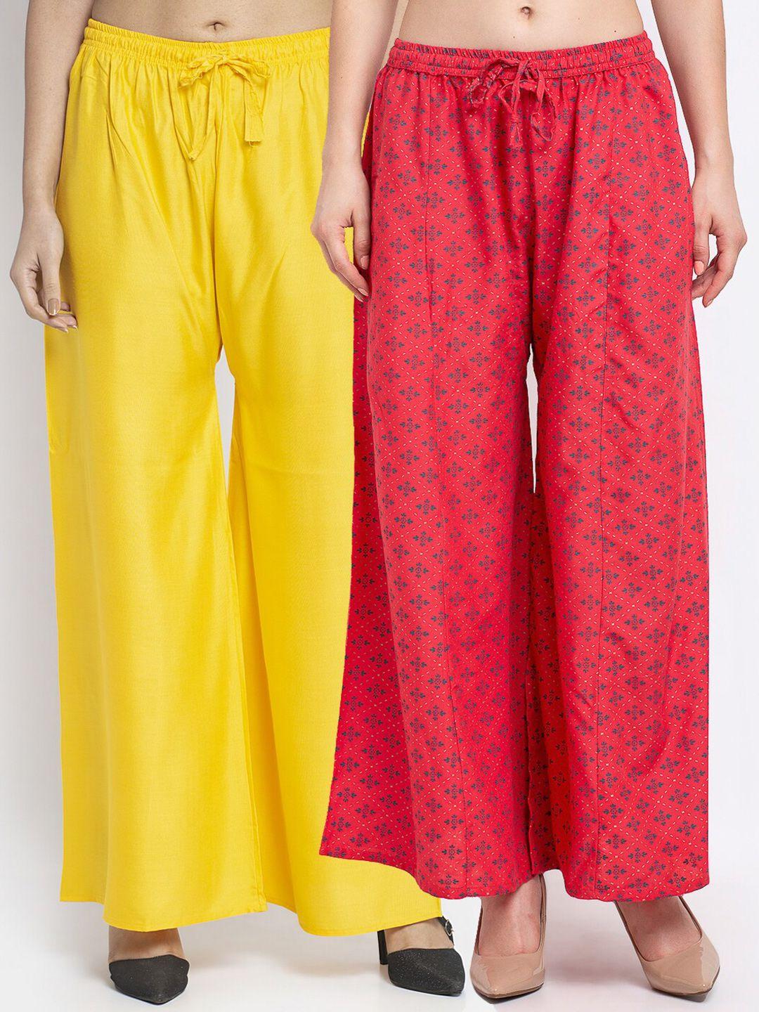 jinfo women yellow & fuchsia pack of 2 printed flared ethnic palazzos