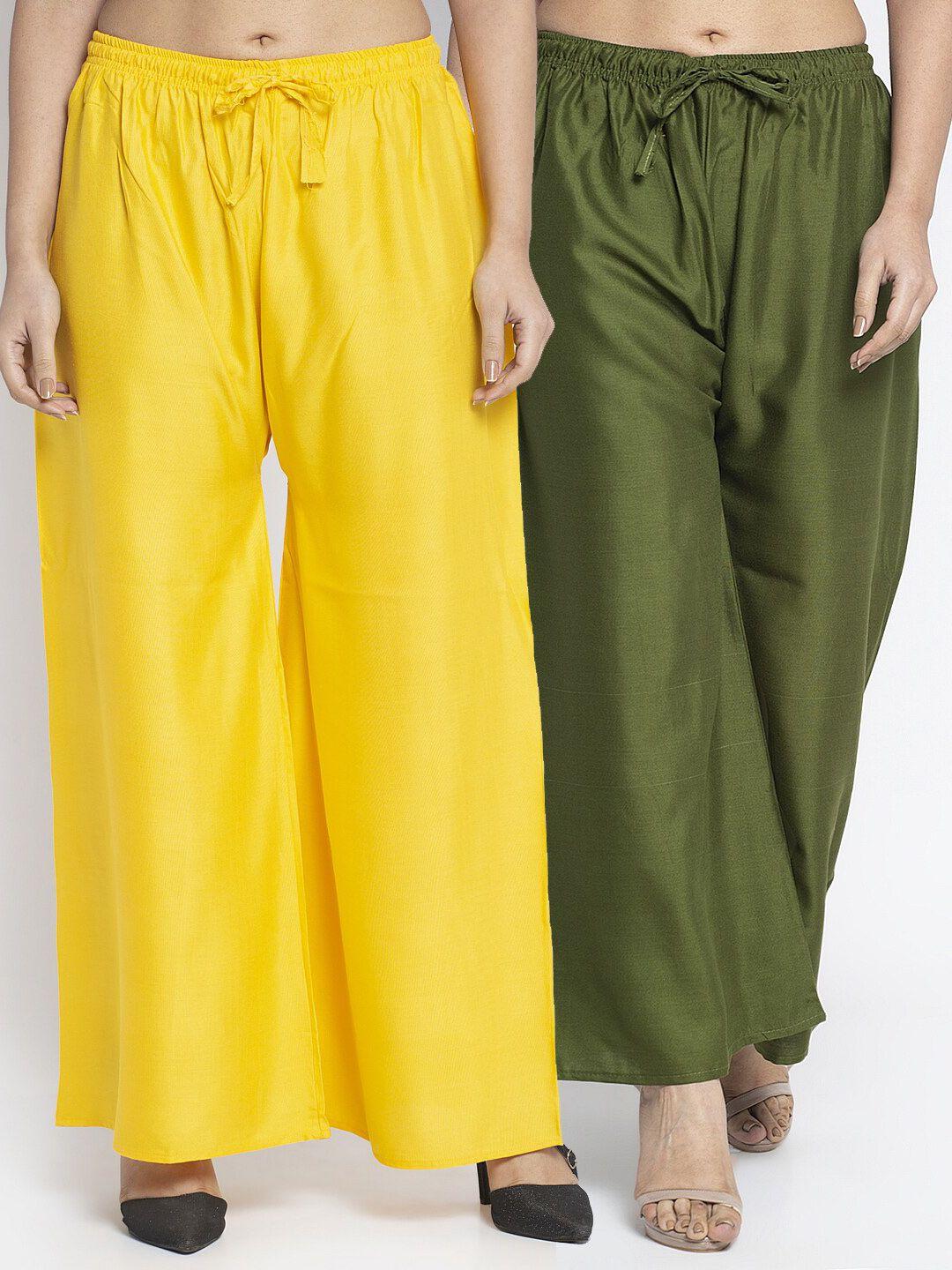 jinfo women yellow & green pack of 2 flared ethnic palazzos