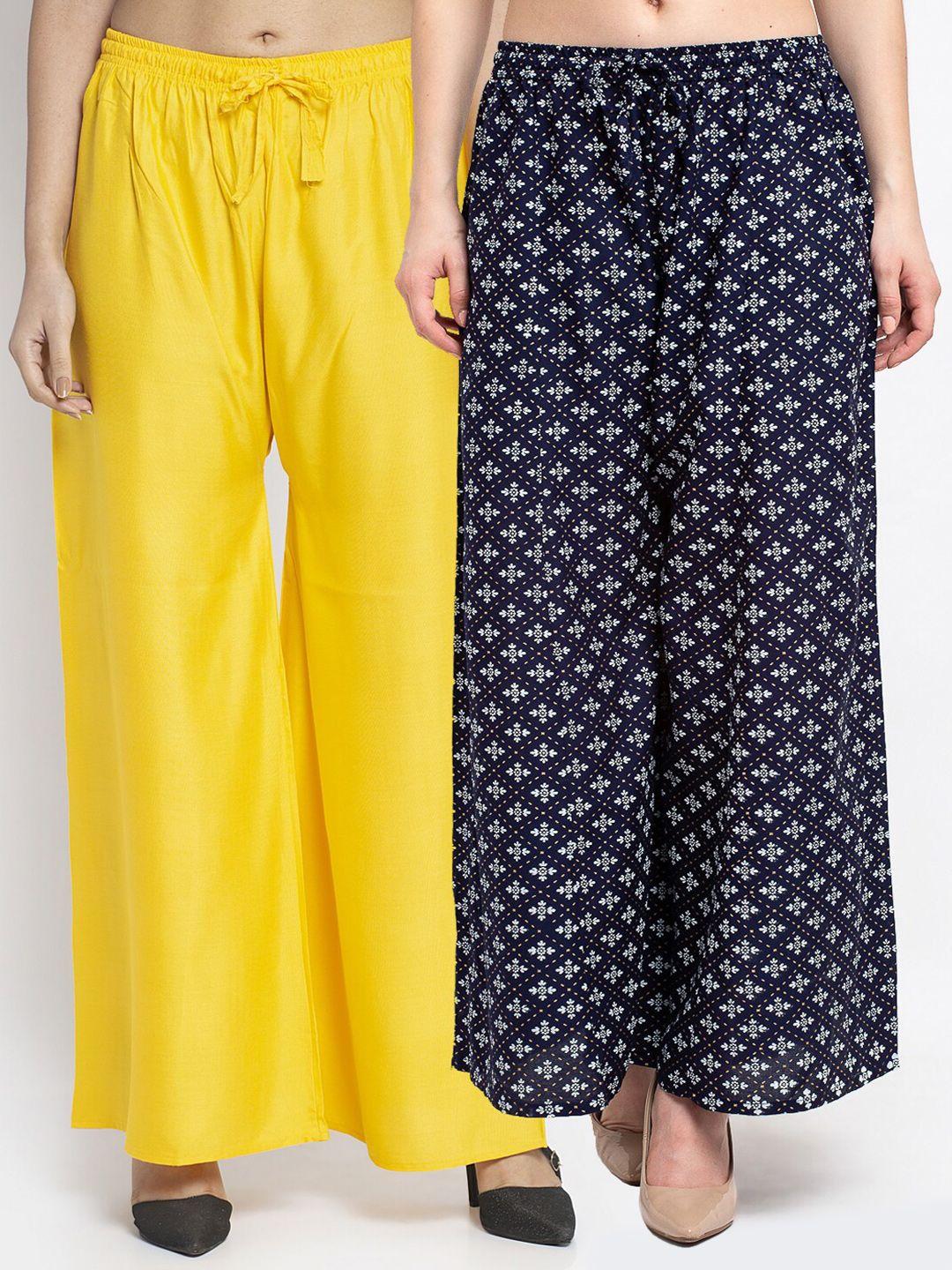 jinfo women yellow & navy blue 2 flared knitted ethnic palazzos