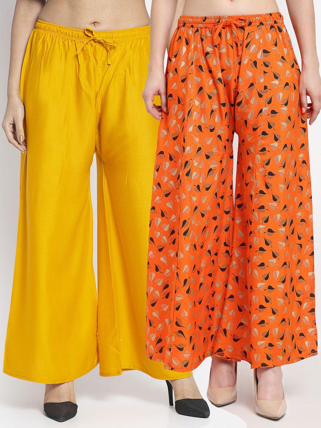 jinfo women yellow & orange 2 printed flared knitted ethnic palazzos
