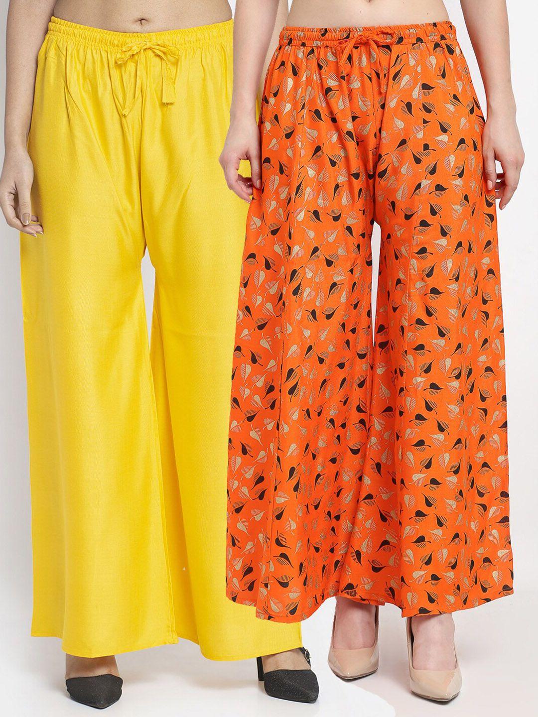 jinfo women yellow & orange printed flared knitted ethnic palazzos set of 2