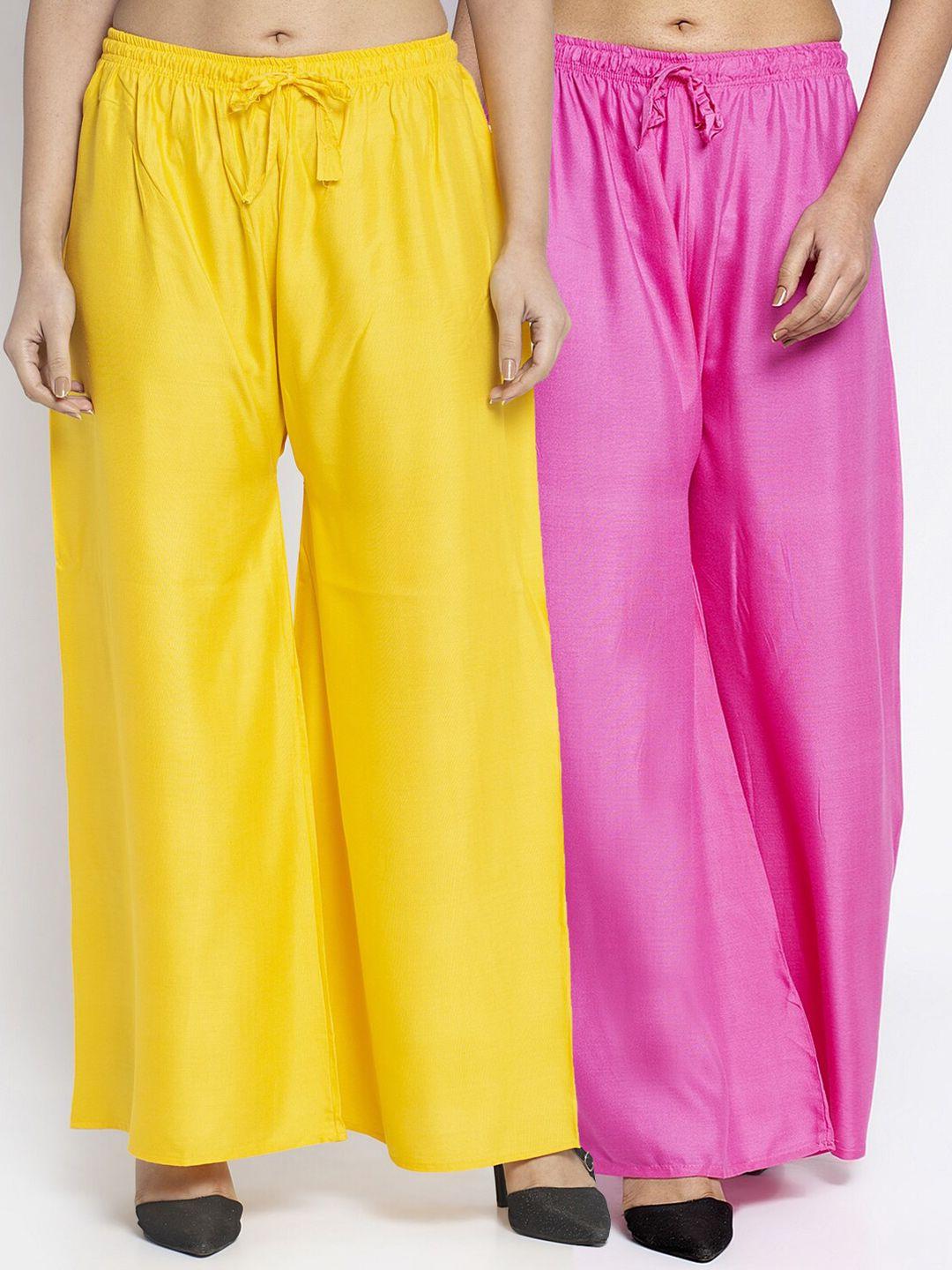 jinfo women yellow & pink set of 2 flared ethnic palazzos