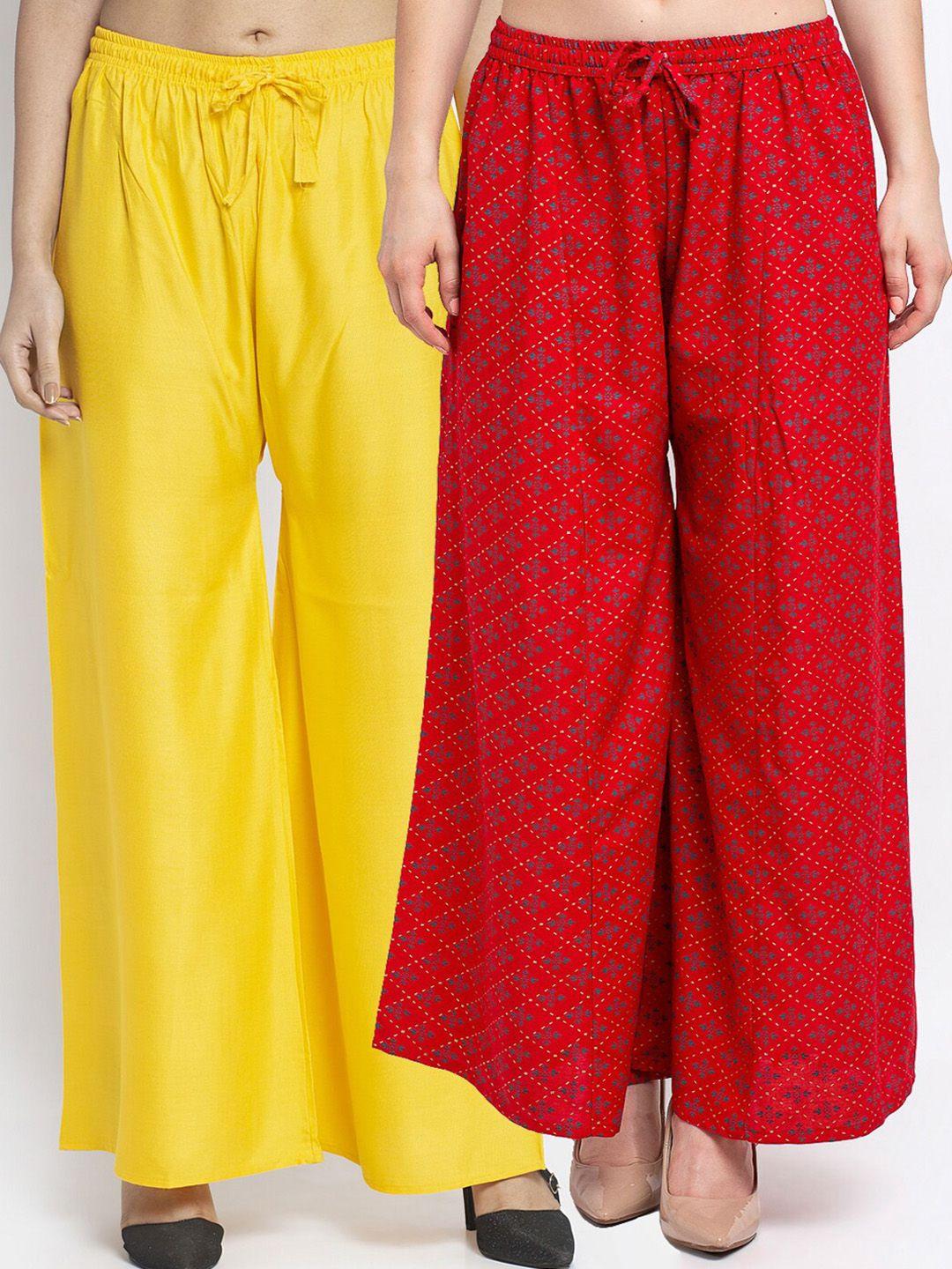 jinfo women yellow & red 2 ethnic motifs printed flared ethnic palazzos