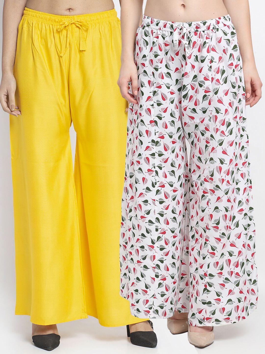 jinfo women yellow & white 2 printed flared knitted ethnic palazzos set of 2