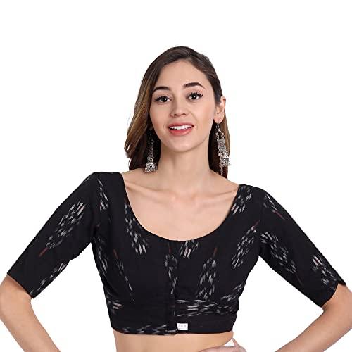 jisb women's ikkat cotton elbow length sleeves saree blouse (42, black)