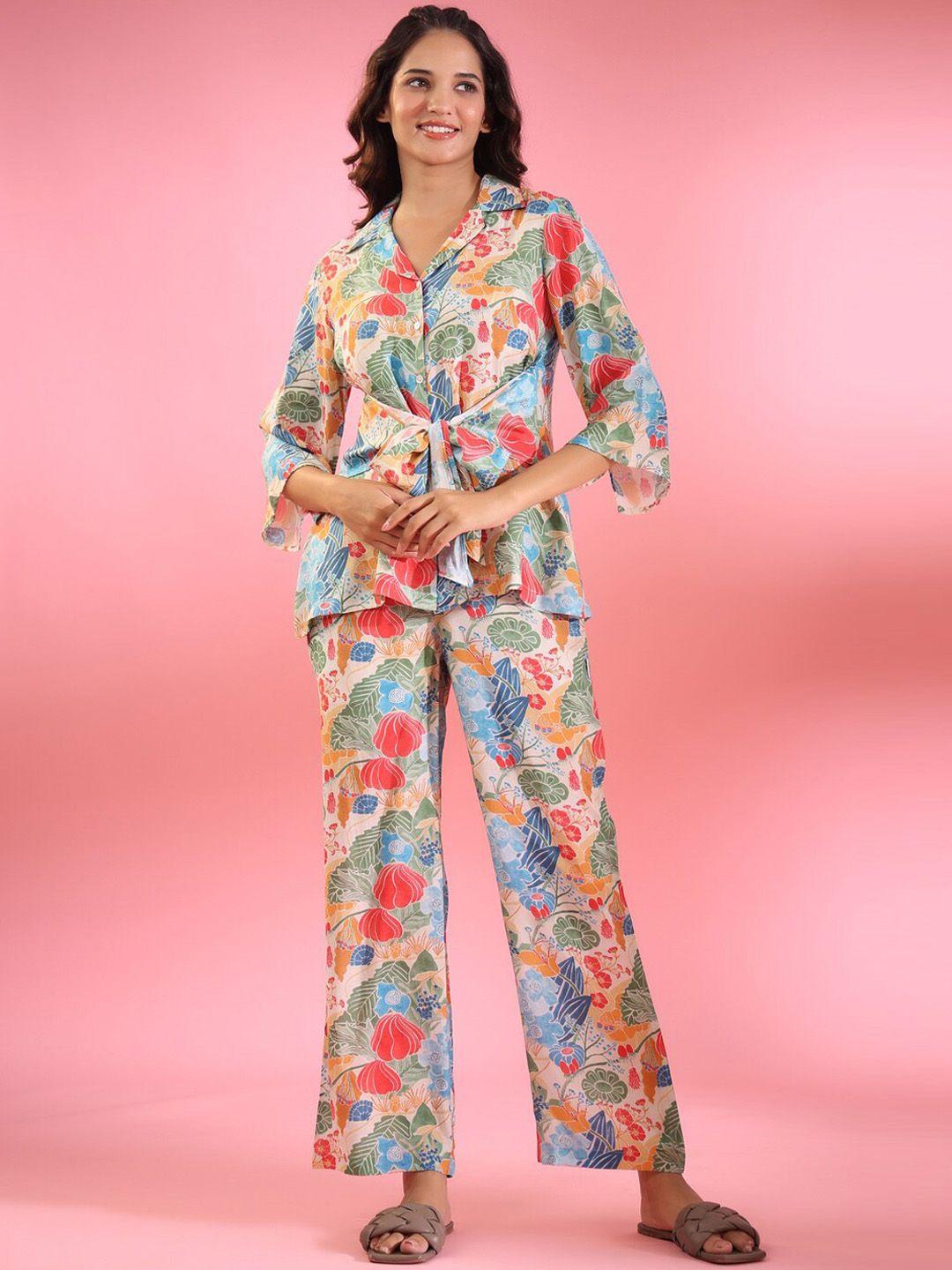 jisora floral printed pure silk lapel collar top with trouser co-ords