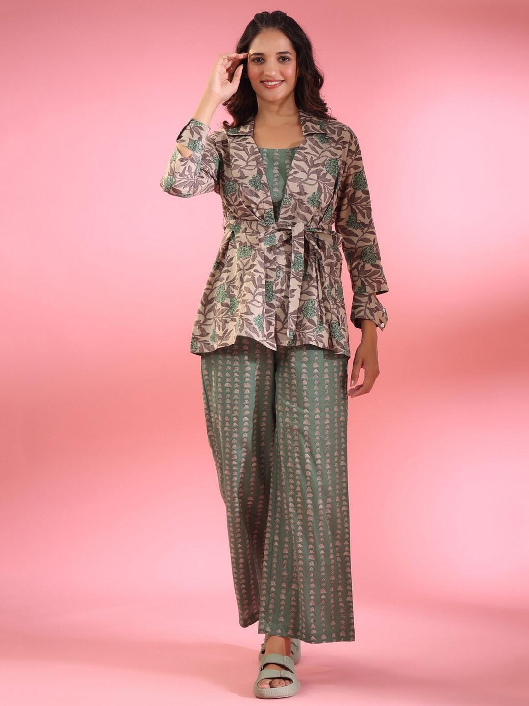 jisora-green-&-beige-3-pieces-floral-printed-pure-cotton-night-suit