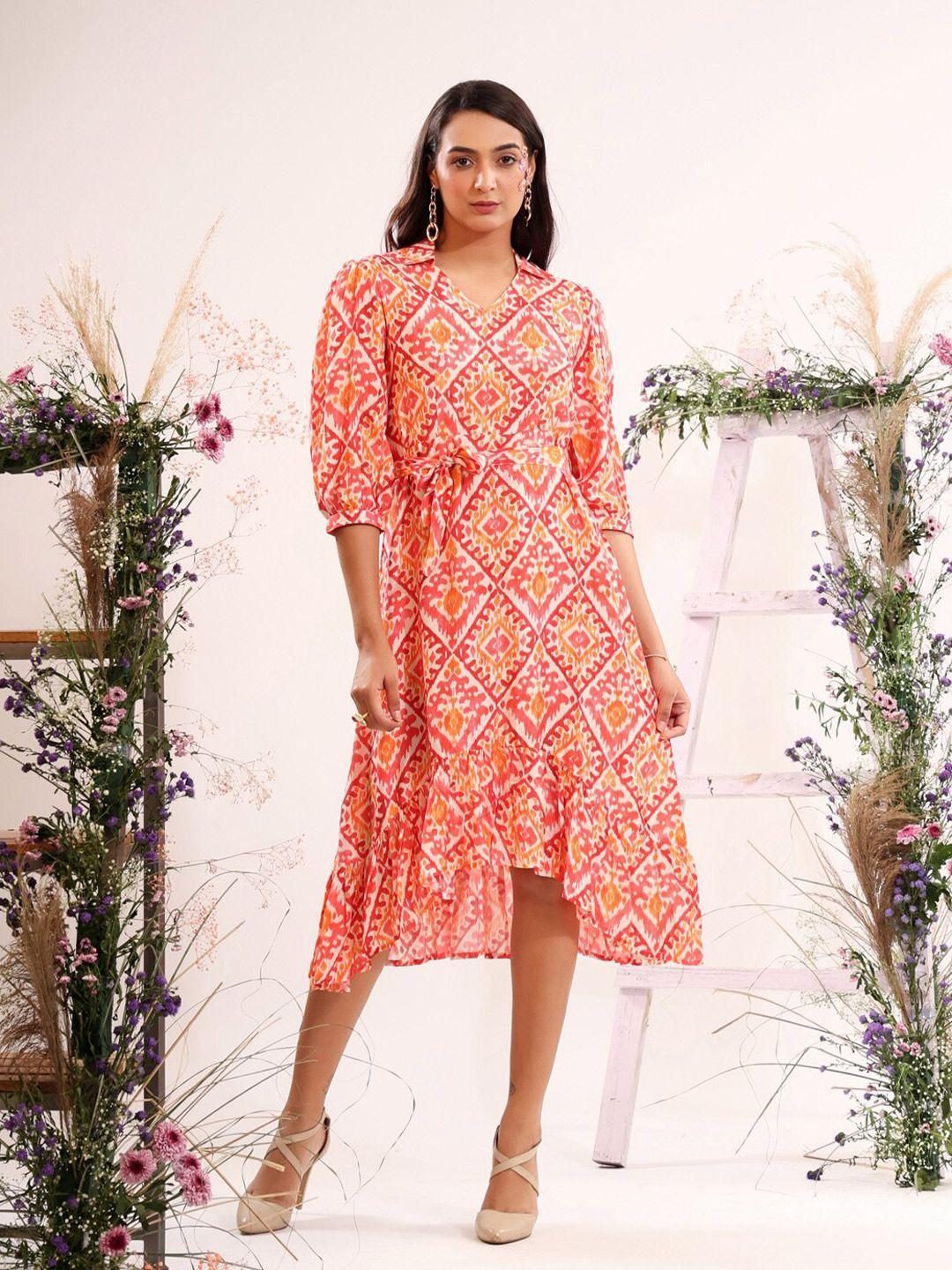 jisora orange & white ethnic motifs a-line midi dress