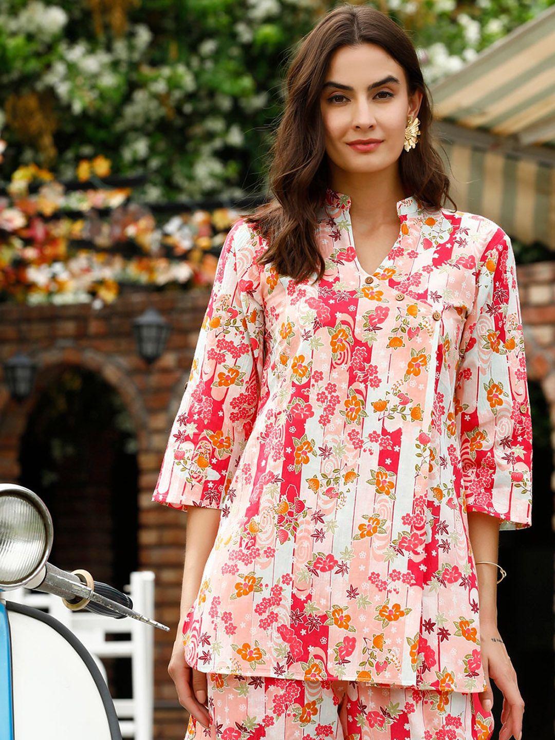 jisora pink floral printed pure cotton top & pyjamas night suits