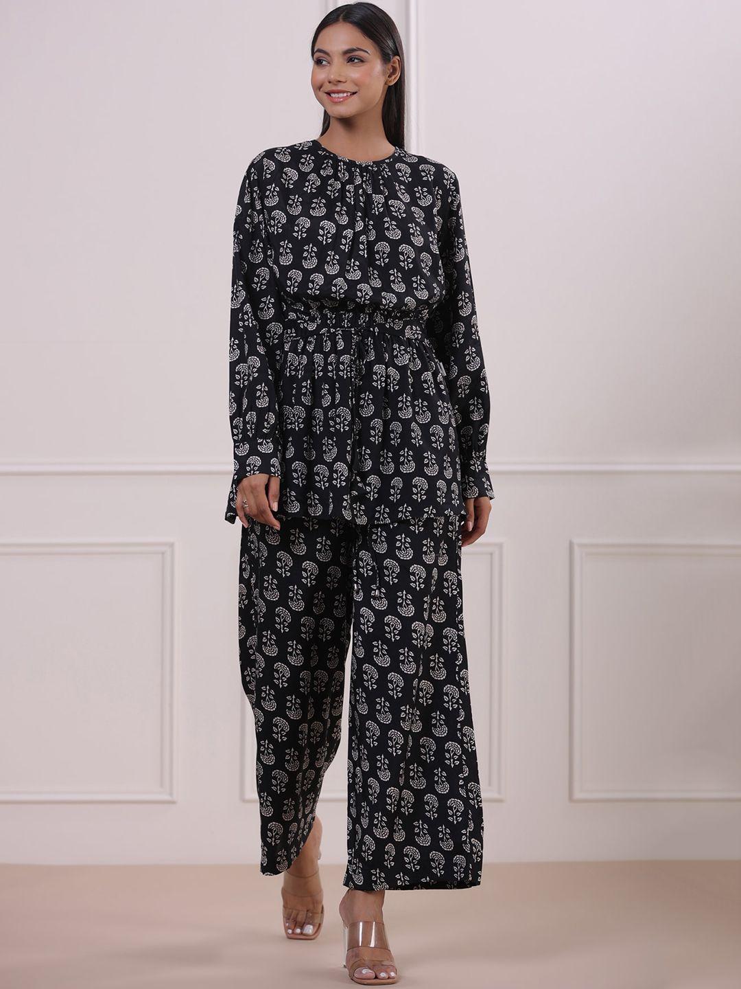 jisora black printed pure silk top & palazzos