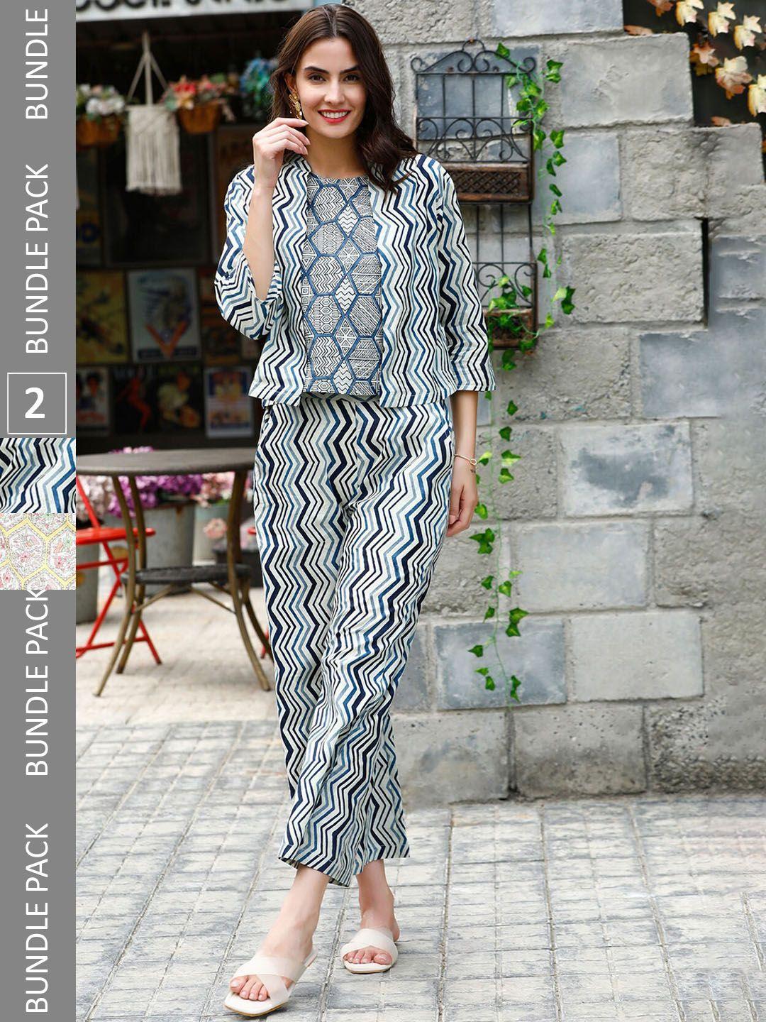 jisora blue & white chevron printed pure cotton night suit with shrug