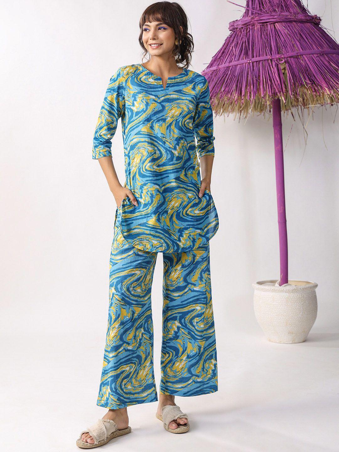 jisora blue abstract printed pure cotton night suit