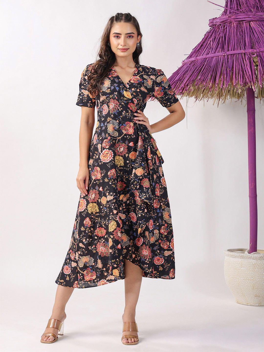 jisora floral printed cotton wrap midi dress