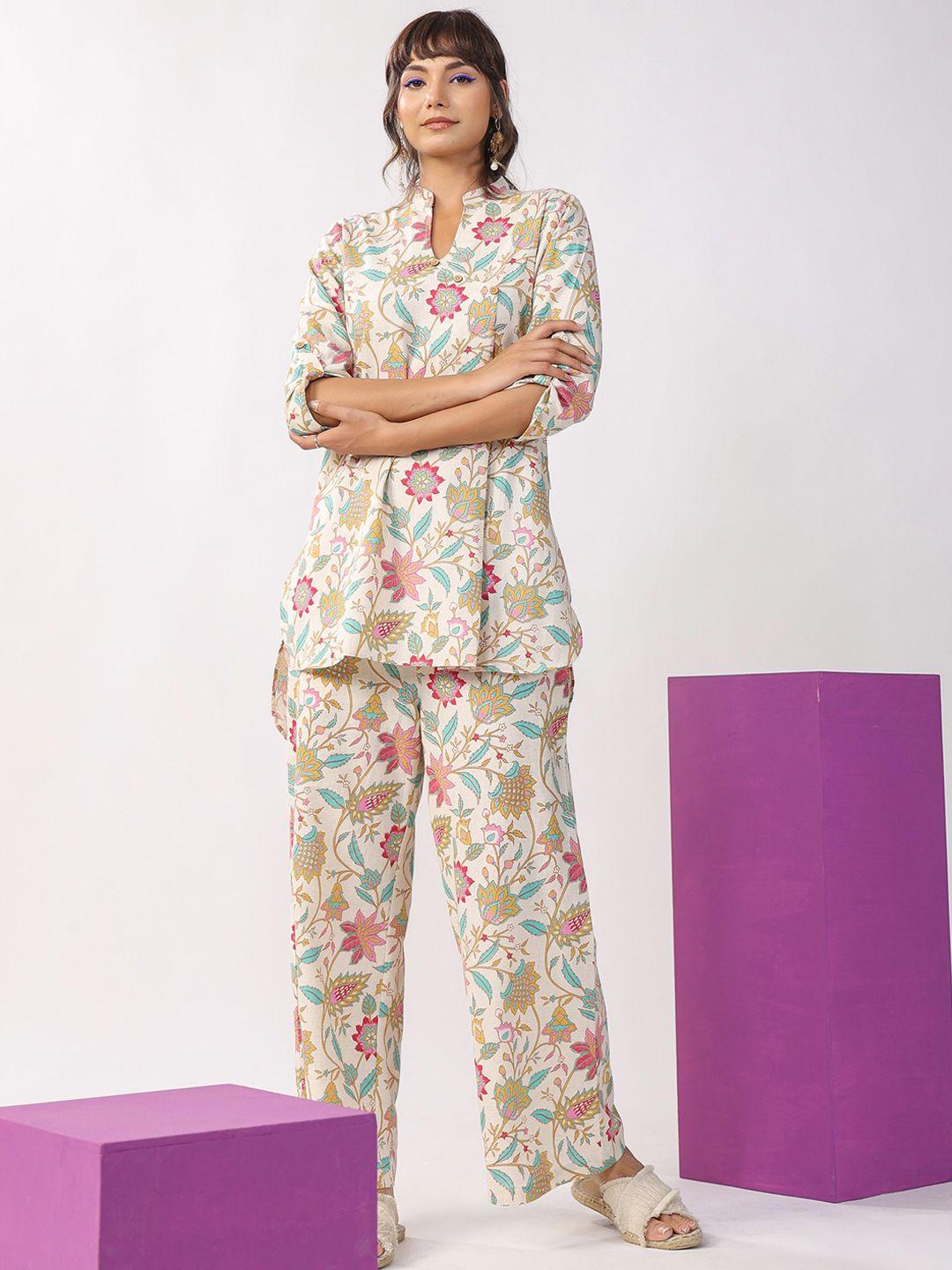 jisora floral printed mandarin collar pure cotton night suit