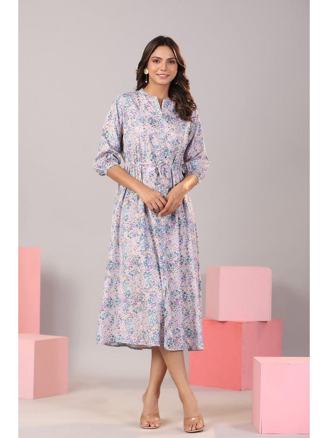 jisora floral printed pleated cotton a-line midi dress