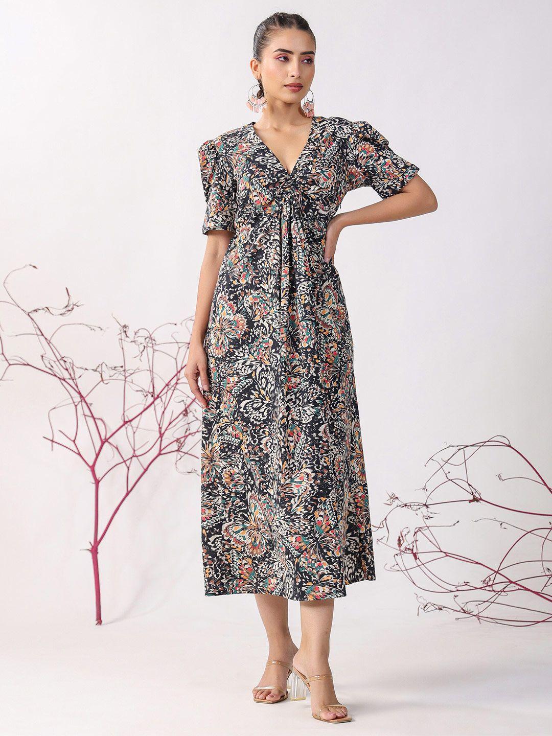 jisora floral printed puff sleeves cotton a-line midi dress