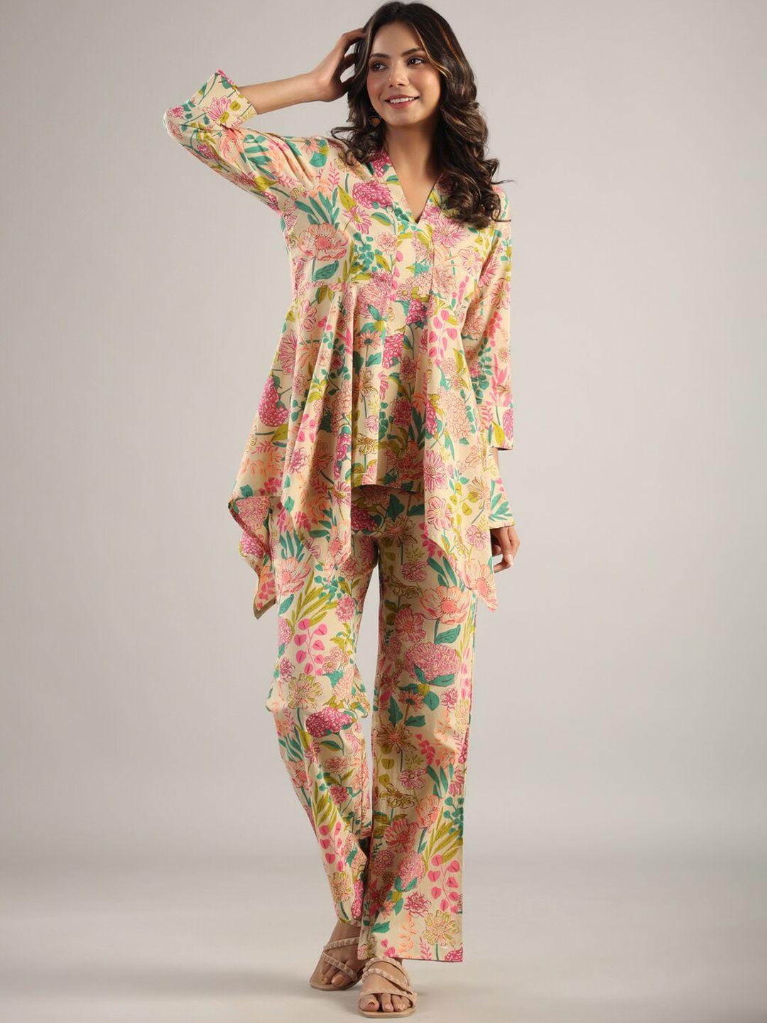 jisora floral printed pure cotton v-neck top with trousers co-ords