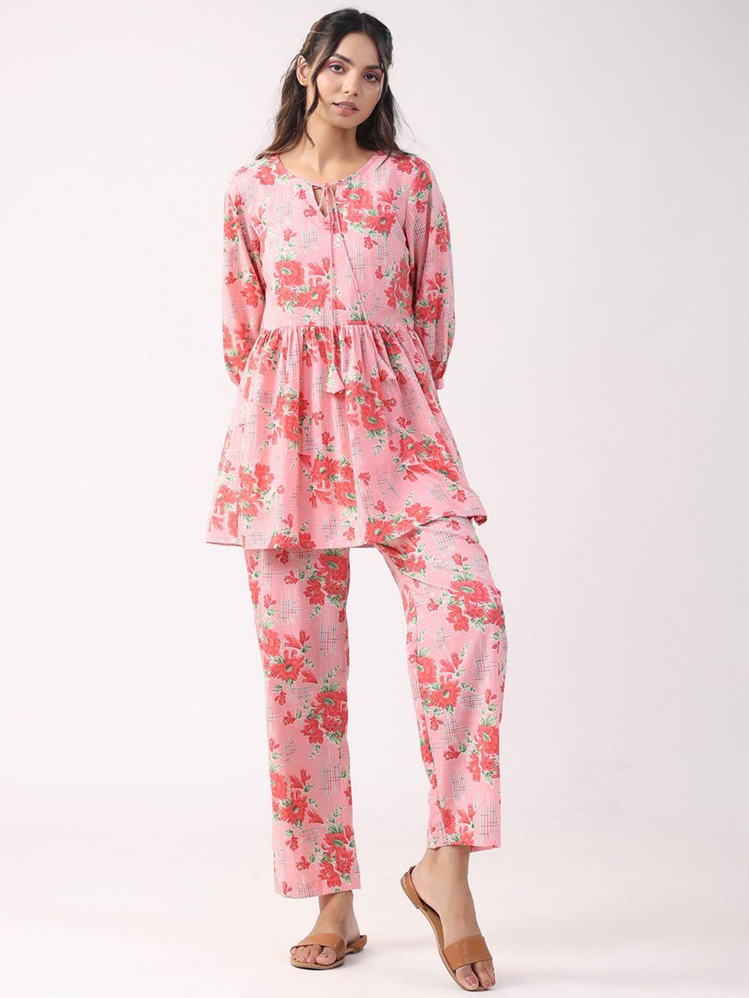 jisora floral printed tie-up neck cotton top & trouser co-ords set