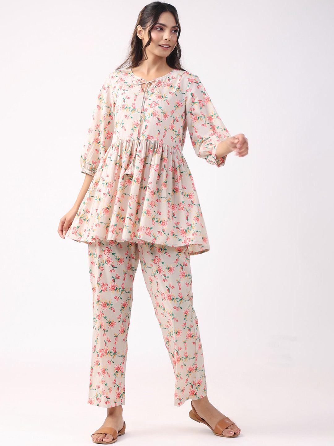 jisora floral printed tie-up neck cotton top & trouser co-ords set