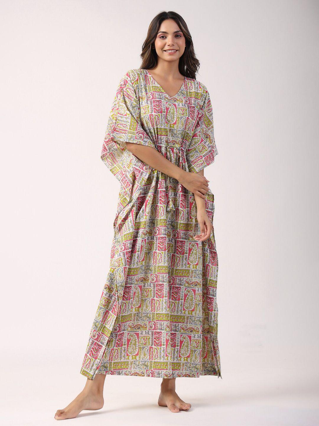 jisora green & pink ethnic motifs printed pure cotton maxi kaftan nightdress